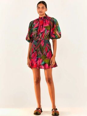 Anthropologie FARM RIO Midnight Leaves Mini Dress Mock neck puff sleeve Sz M